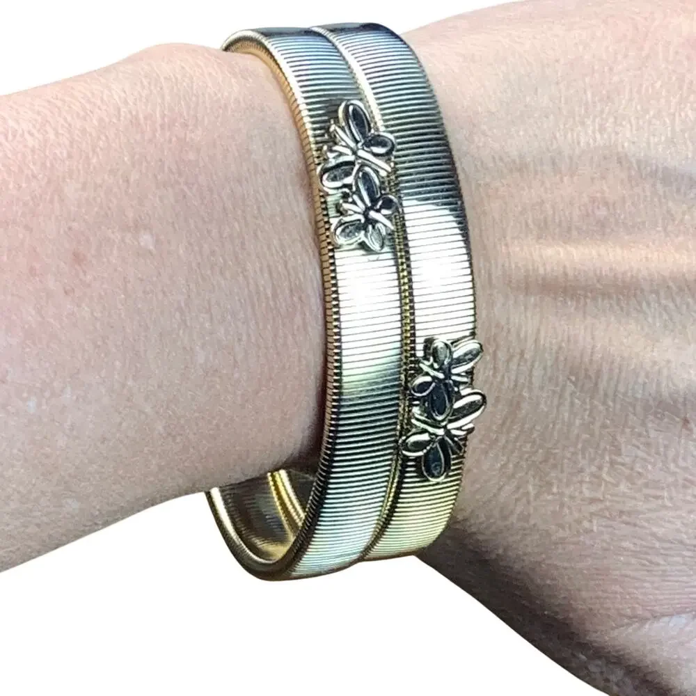 Gold Tone Stretch Coil Bracelet Set with Butterfly Motif